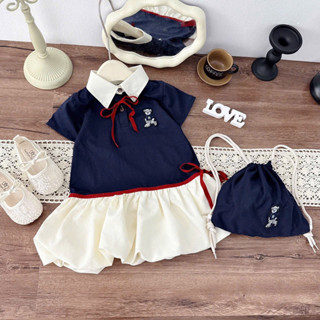 Váy mùa hè cho bé, váy cho bé gái cổ bẻ nơ, dáng bí phồng hottrend, tặng balo cho bé đi chơi đi học 10-30kg VyVy Kids