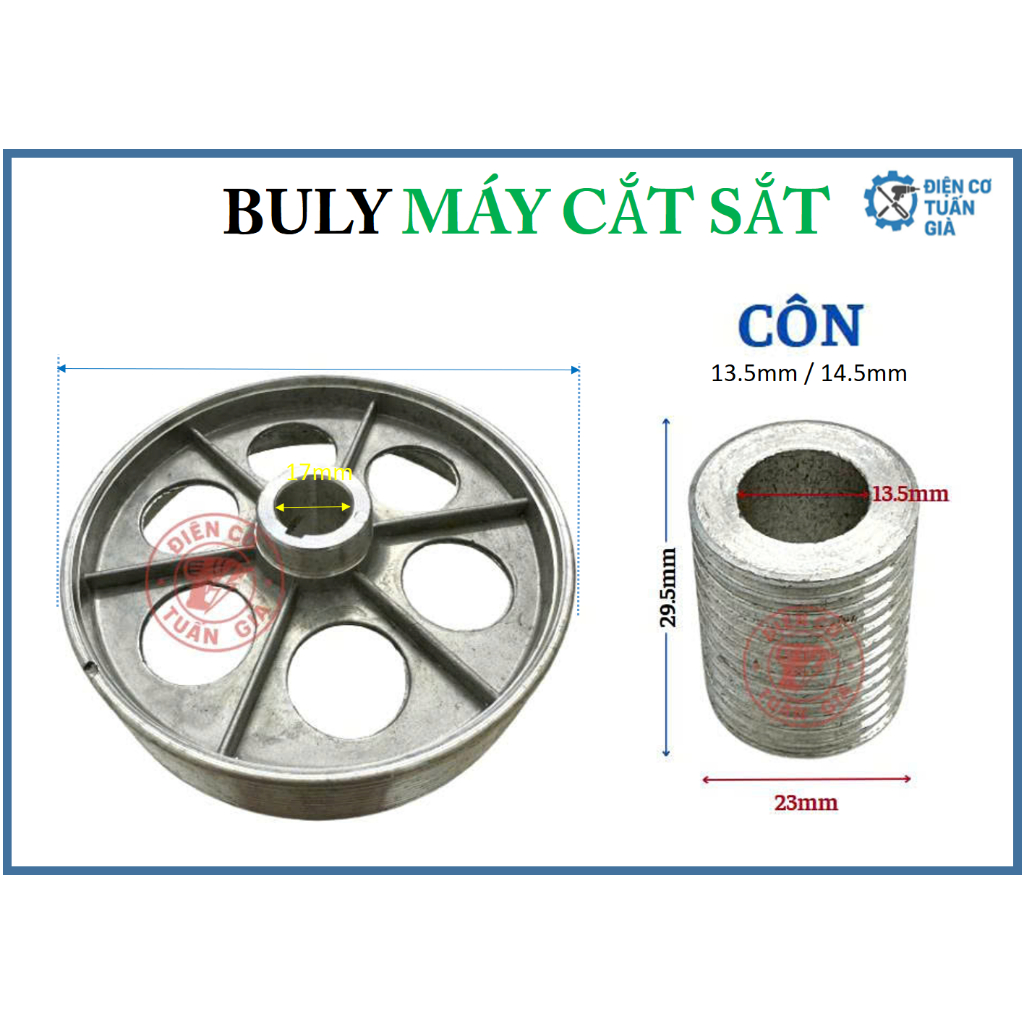 BULY MÁY CẮT SẮT DÙNG DÂY CUROA BULY CÔN, BULY NGÀM, BULY LỚN 350mm.