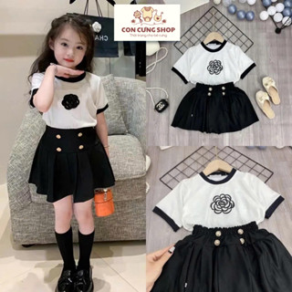 Set váy xếp li phối áo thun mẫu HOA TRÀ 18-50kg cho bé gái 6-14 tuổi. Thoáng mát, có lót trong. A001 - Con Cưng Shop