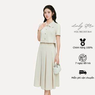 Set áo sơ mi kiểu croptop phối cúc đính nơ và chân váy xoè xếp ly dáng dài tiểu thư Linly Store
