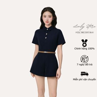 Set jumpsuit thiết kế cổ sơ mi dáng ngắn đính cúc tiểu thư phối đai lưng Linly Store J-JS6