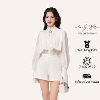 Set áo sơ mi tay bồng thiết kế vạt xếp ly kèm hoa và quần short ống rộng tiểu thư Linly Store A-SM19