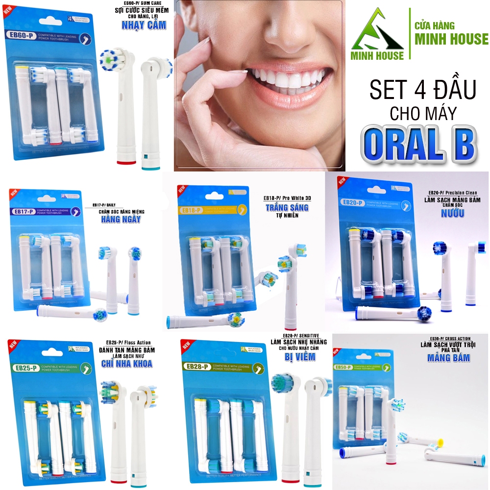 Dành cho máy Oral B Braun Set Bộ 4 đầu bàn chải đánh răng điện, 17 mã lắp cho mọi Model Minh House