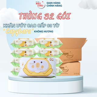 Thùng 32 gói khăn ướt  cao cấp 80 tờ Max Clean hình Capybaraa siêu đáng yêu - Không hương