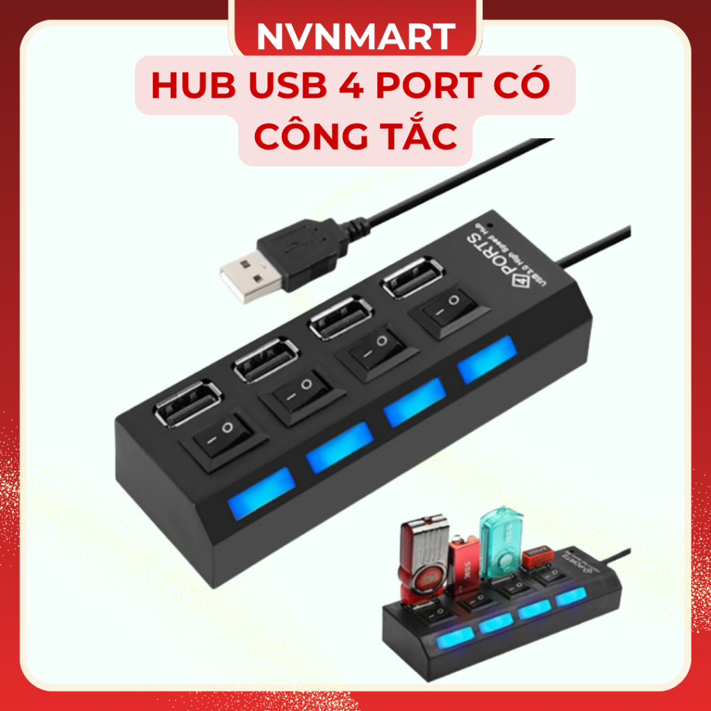 Hub Usb 4 port Có Công Tắc và đèn LED