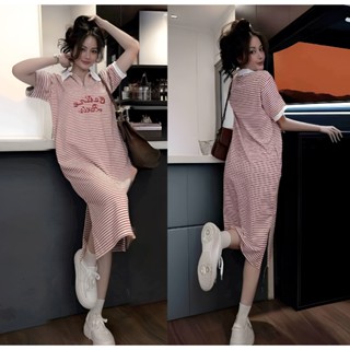 Váy polo dáng dài form rộng kẻ ngang đỏ phối cổ trắng cộc tay xẻ tà Đầm nữ bầu mặc được bigsize đi học đi chơi T1209G