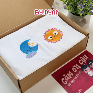 Áo THÊU đôi BY.DUNI thun form rộng Local Brand unisex, áo cặp cotton MẶT TRỜI MẶT TRĂNG FULLBOX