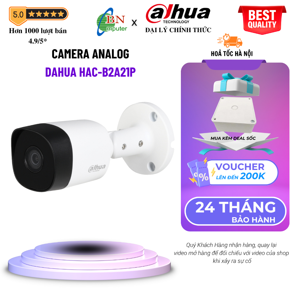 Camera Analog Dahua HDCVI HAC-B2A21P 2.0MP thân, ngoài trời, không dùng độc lập