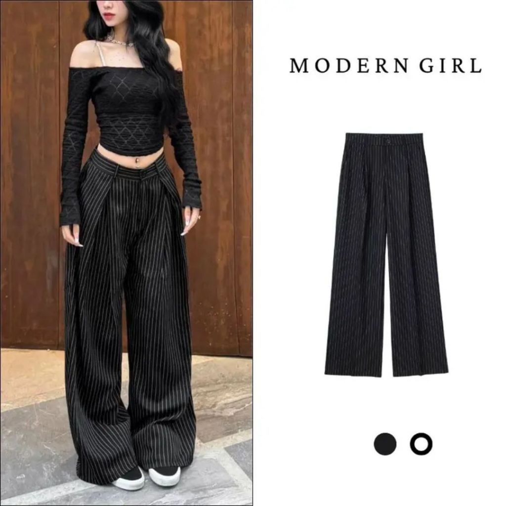 [DEAL MỞ BÁN] Quần Kẻ Sọc Ống Rộng Xếp Ly Nam Nữ Form Đứng Ly Thằng Modern Girl