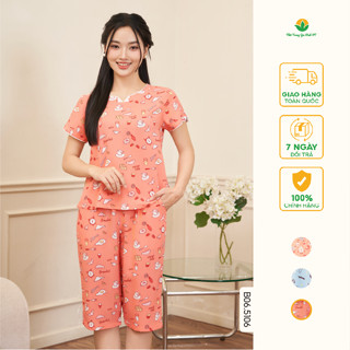 Bộ đồ lanh, tole nữ thời trang Việt Thắng quần lửng áo cộc tay họa tiết thoáng mát - B06.5106