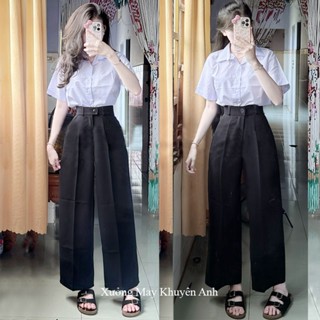  Quần ống suông nữ lưng cao đi học làm công sở m50 m55 m60 m65 1 nút cài lệch có đai thắt lưng dáng quần ống rộng nữ 