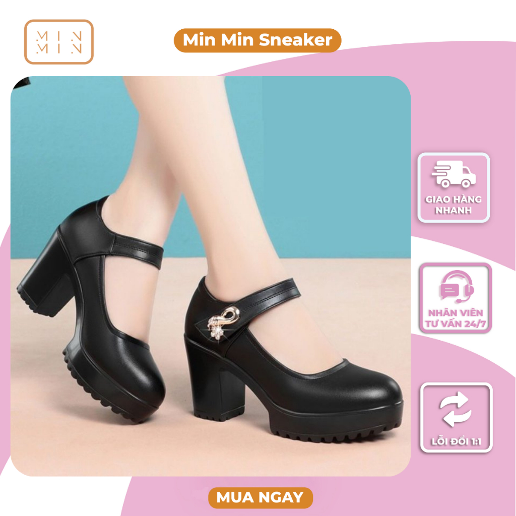 Giày nữ cao gót đế PU nhẹ cao 7cm, Giày lolita  quai dán đính hoa đi tiệc sang trọng