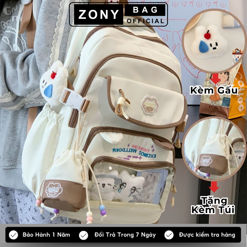 Balo nữ đi học thời trang kèm 2 gấu ,cặp sách nữ đi học dễ thương tặng túi treo balo ,Balo ulzzang chống nước B41