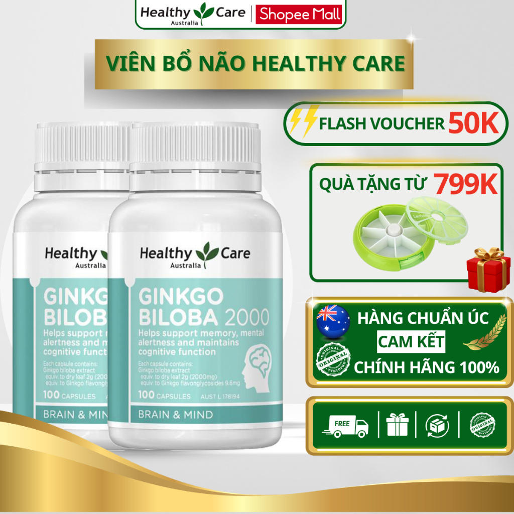 Combo bổ não Healthy Care Ginkgo Biloba 2000mg hỗ trợ cải thiện trí nhớ, tăng tuần hoàn máu não