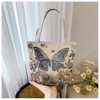  Túi xách tay nữ vải canvas hai mặt thêu hoa văn dễ thương thời trang mới đa năng có khoá kéo HX402 