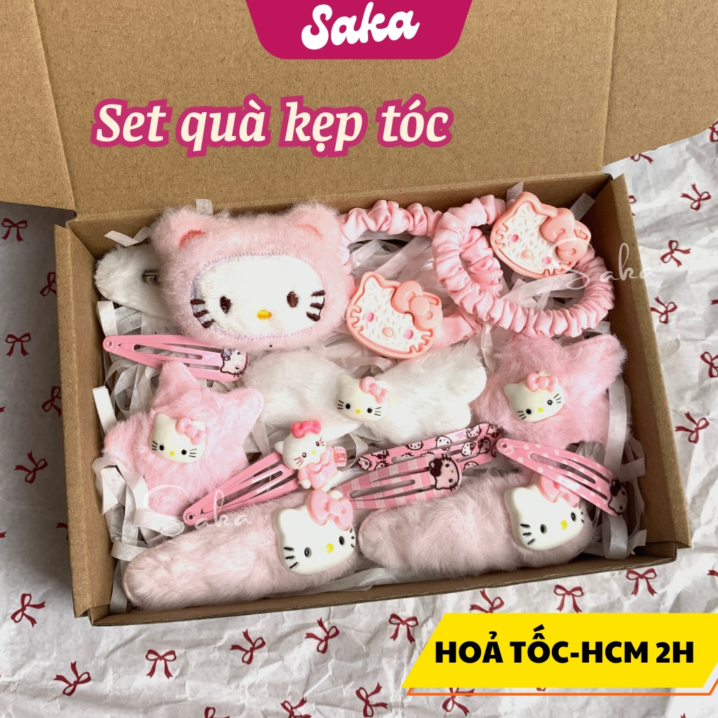 Set Quà Phụ Kiện Tóc  - Hộp Quà Tặng Dây Buộc Tóc, Kẹp Tóc Hello Kitty Màu Hồng Dễ Thương Hottrend Saka