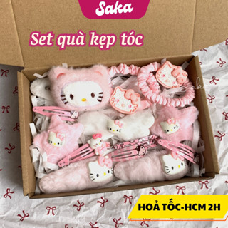 Set Quà Phụ Kiện Tóc Kẹp/ Dây Buộc Tóc Hello Kitty Màu Hồng Hottrend Saka