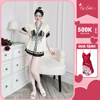  Bộ nữ ngắn Vy Linh chất liệu lụa latin cổ Y thoáng mát thấm hút mồ hôi tốt bề mặt vải mịn mát S1103-1 