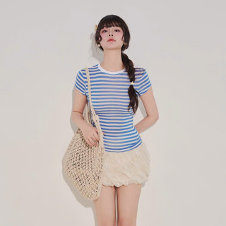 [COLIN CLOTHING] Áo thun giấy nữ sọc ngang tay ngắn form ôm mỏng nhẹ