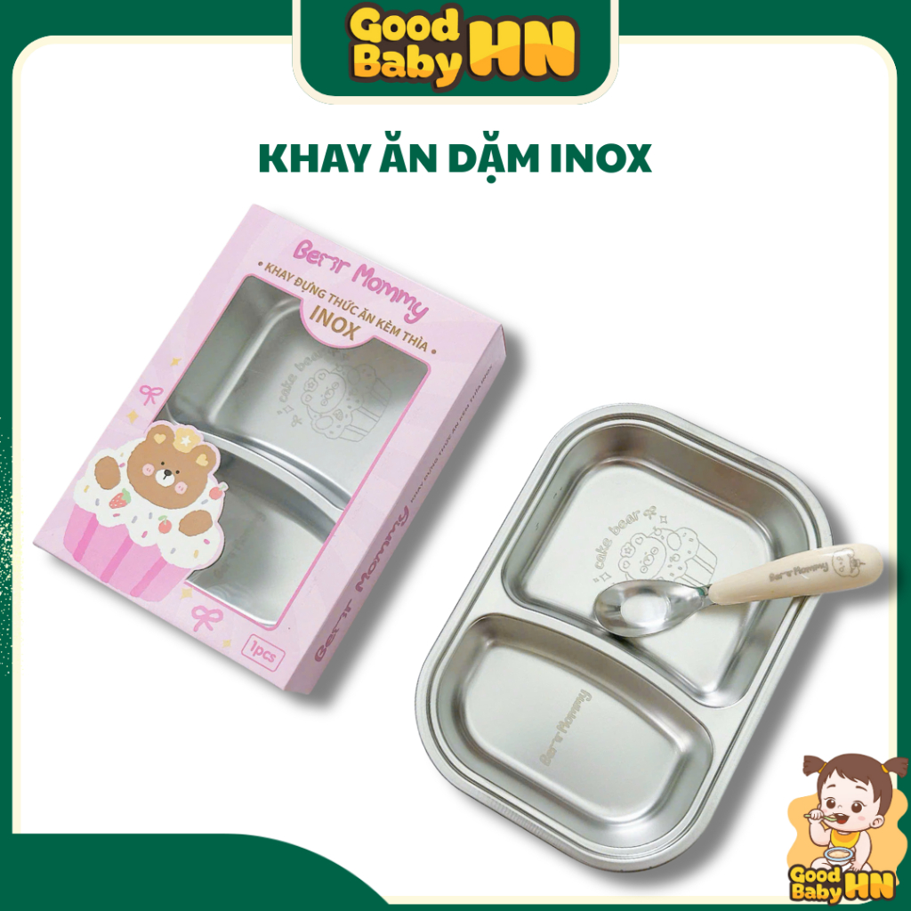 (TẶNG THÌA) Khay ăn dặm inox 2 ngăn cho bé - E28