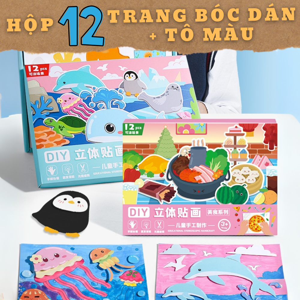 Bộ Tranh Bóc Dán 3D Kèm Tô Màu Cho Bé – 12 Trang DIY Thủ Công Nhiều Chủ Đề Sáng Tạo, Giúp Phát Triển Tư Duy