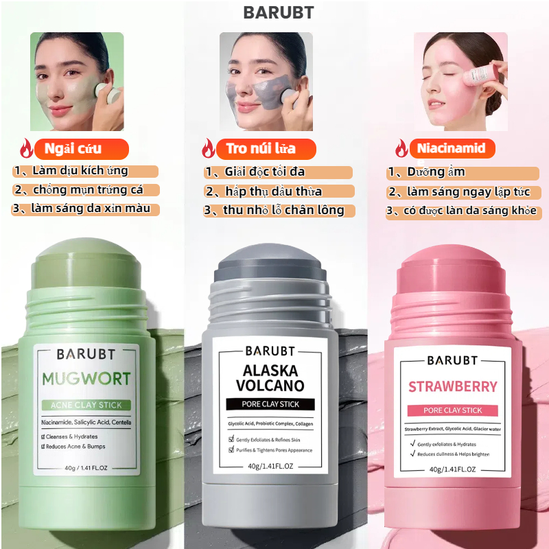 3PCS Thanh Lăn Mặt Nạ Đất Sét ngải BARUBT Làm Sạch Da,Loại Bỏ Mụn Đầu Đen,Niacinamide Làm Trắng