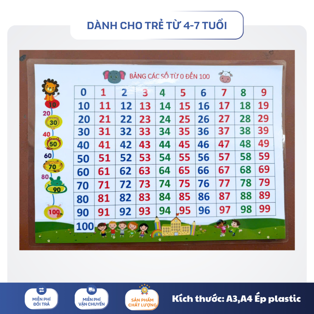 Bảng Số Từ 0 Đến 100 Cho Bé – A3, A4 Ép Plastic – Học Đếm Số Lớp 1, Mầm Non