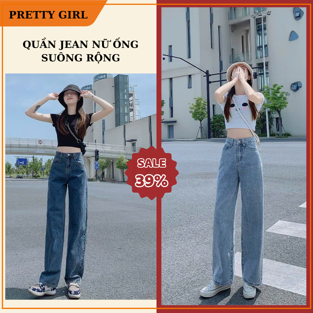 Quần Jean Nữ Lưng Cao Ống Suông Rộng Pretty Girl JNT, Quần Bò Nữ Lưng Cao Ống Rộng Style Năng Động