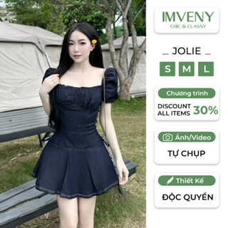 Đầm nữ dáng xoè JOLIE vải denim cao cấp cổ vuông tay phồng chiết eo tôn dáng IMVENY