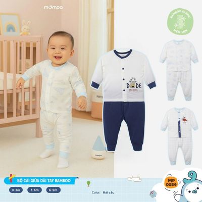 Đồ bộ sơ sinh bé trai bé gái Mompa dài tay cúc giữa 0-9 tháng vải Sợi tre Bamboo mềm mịn 0054
