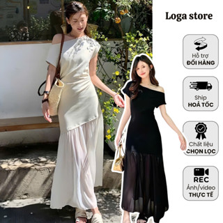 Đầm Body Lệch Vai Phối Chân Váy Tơ Màu Màu Kem , Váy Dự Tiệc Dáng Dài Sang Chảnh Logastore_L0198