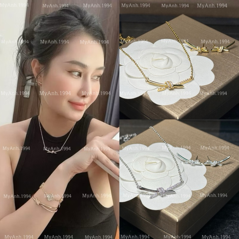 Set bộ dây chuyền + khuyên tai thép titan mặt hình nơ 2 màu