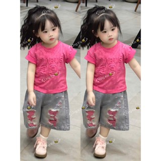 Ong kis Sét áo hồng loang chữ dập nổi 33 kèm quần jane rách phun màu thời tranh cho bé gái 10-30kg
