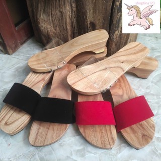 Guốc Gỗ Guốc Mộc Cao 5 Phân Quai Nhung Đen 2 Lớp ( đế cao su 2 lớp )