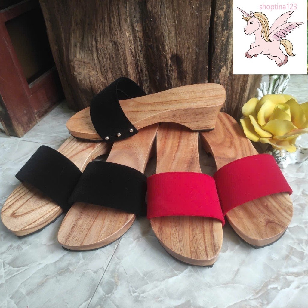 Guốc Gỗ Guốc Mộc Cao 5 Phân Quai Nhung Đen 2 Lớp ( đế cao su 2 lớp )