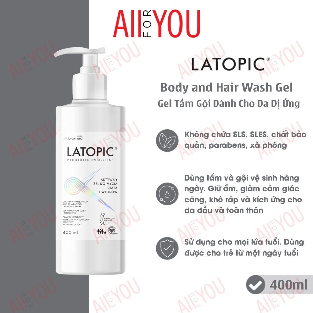 [CHÍNH HÃNG - HSD 2027] LATOPIC Body and Hair Wash Gel 400 mL - Gel tắm gội dành cho da kích ứng, dị