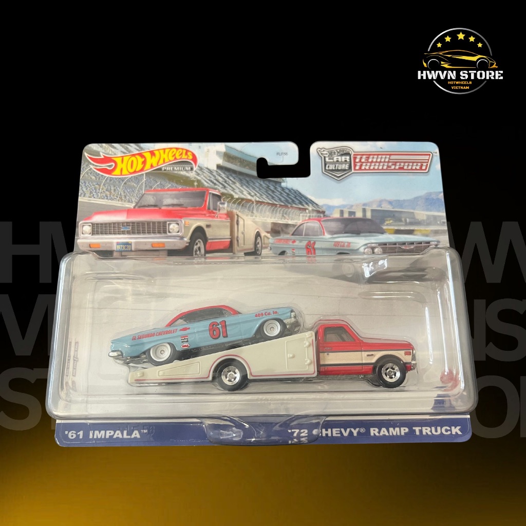 Xe mô hình Hotwheels Team Transport - Set 2 '61 Impala 72 Chevy Ramp Truck