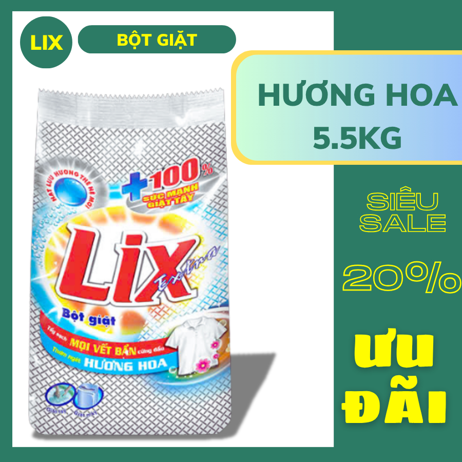 [ CHÍNH HÃNG] Bột giặt LIX Extra Hương Hoa 5.5kg Làm Sạch Cực Mạnh Vết Bẩn - Lixco Việt Nam