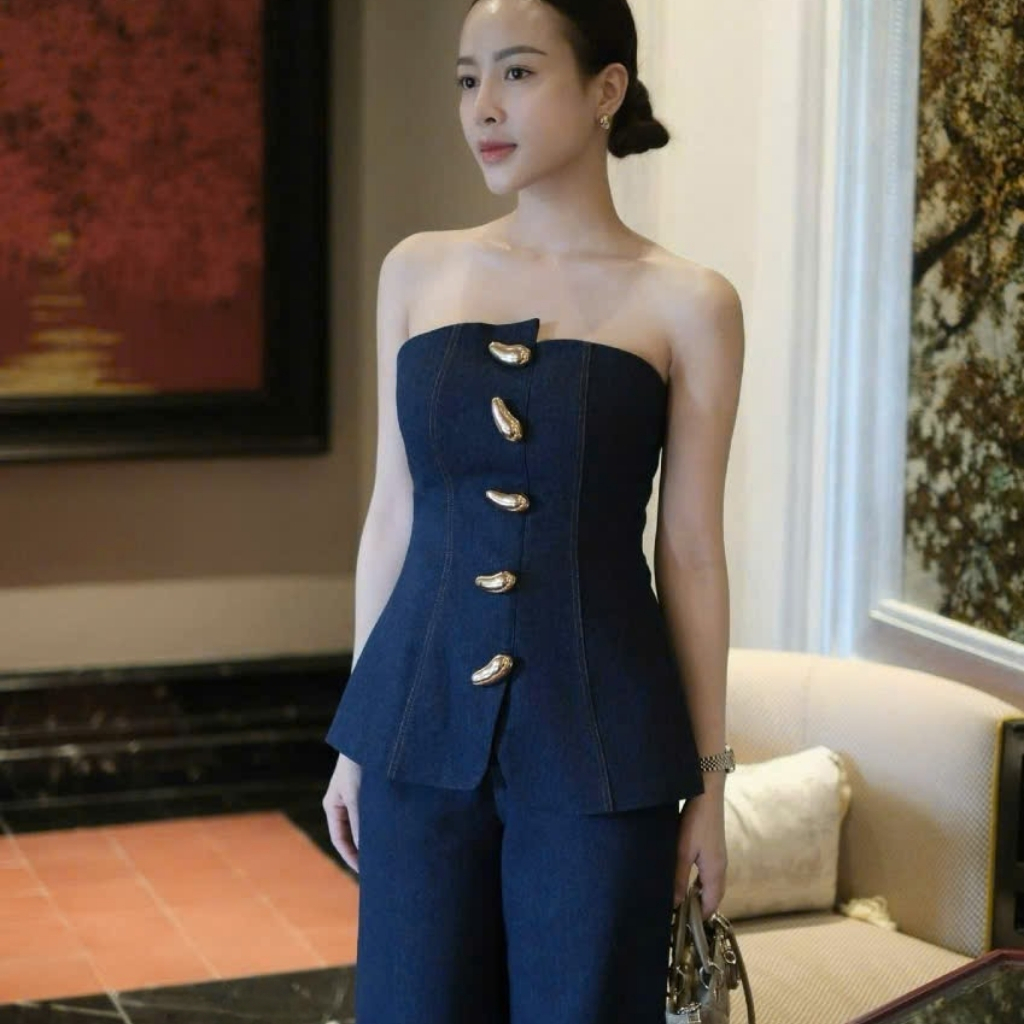 Set đồ nữ áo cup ngực phối quần jean ống đứng sang chảnh , tôn dáng