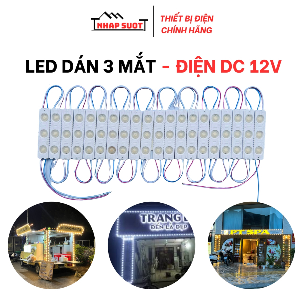 (CHƯA CÓ NGUỒN) Dây led hắt 3 mắt, điện 12V, chống nước, 15w, dài 2m, mắt led 6113, decor trang trí
