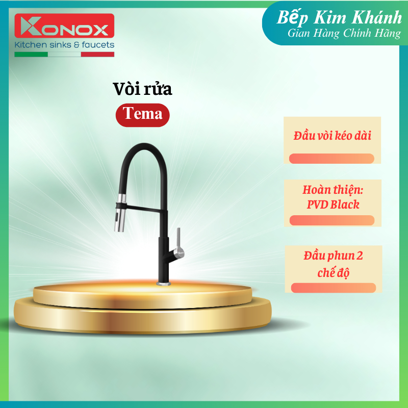 Vòi Rửa Bát Konox Tema Black/Chrome/Nickel Thân Mềm Linh Hoạt, Công Nghệ Châu Âu - BKK