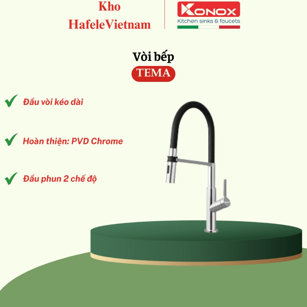 Vòi Rửa Bát Konox Tema Black/Chrome/Nickel Thân Mềm Linh Hoạt - KHVN