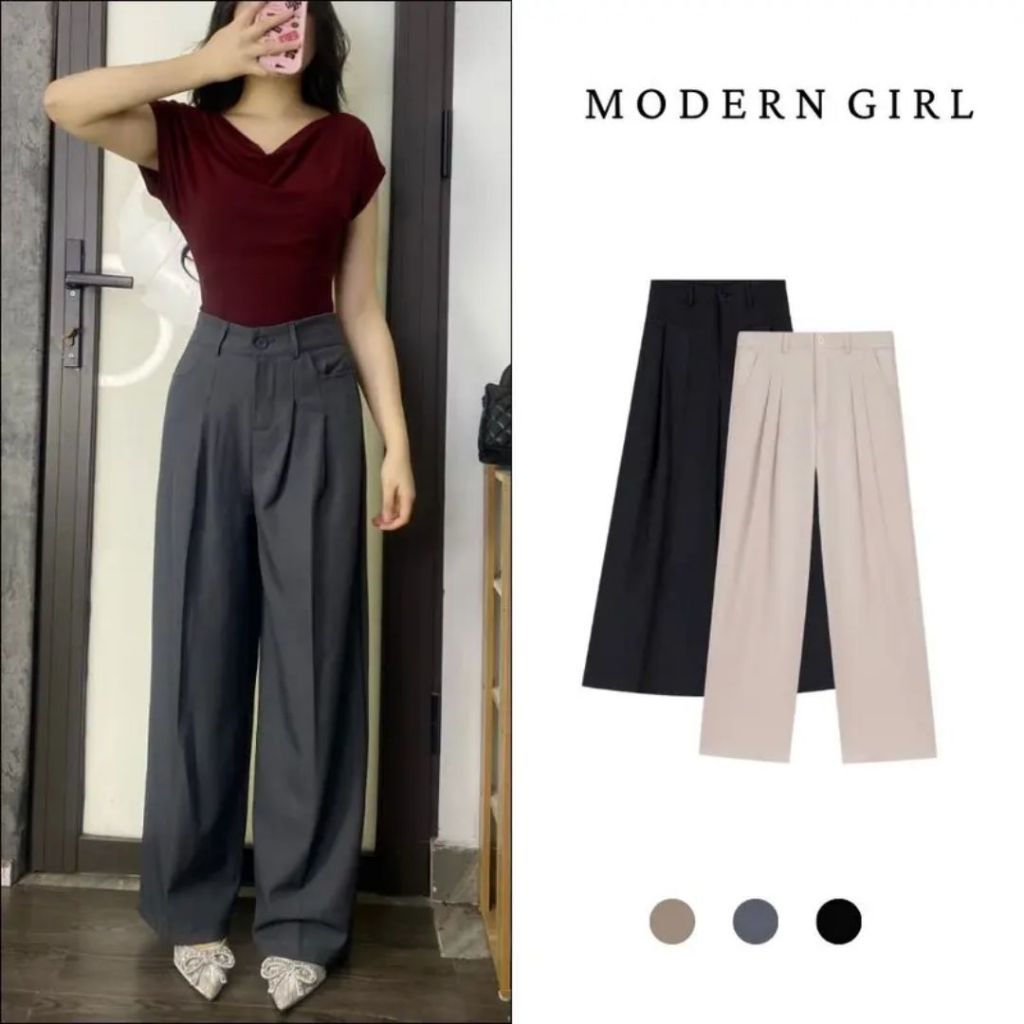 Quần Tây Ống Rộng Xếp Ly Chất Xước Hàn Ống Rộng Sang Trọng Thanh Lịch Hàn Quốc Suông Modern Girl