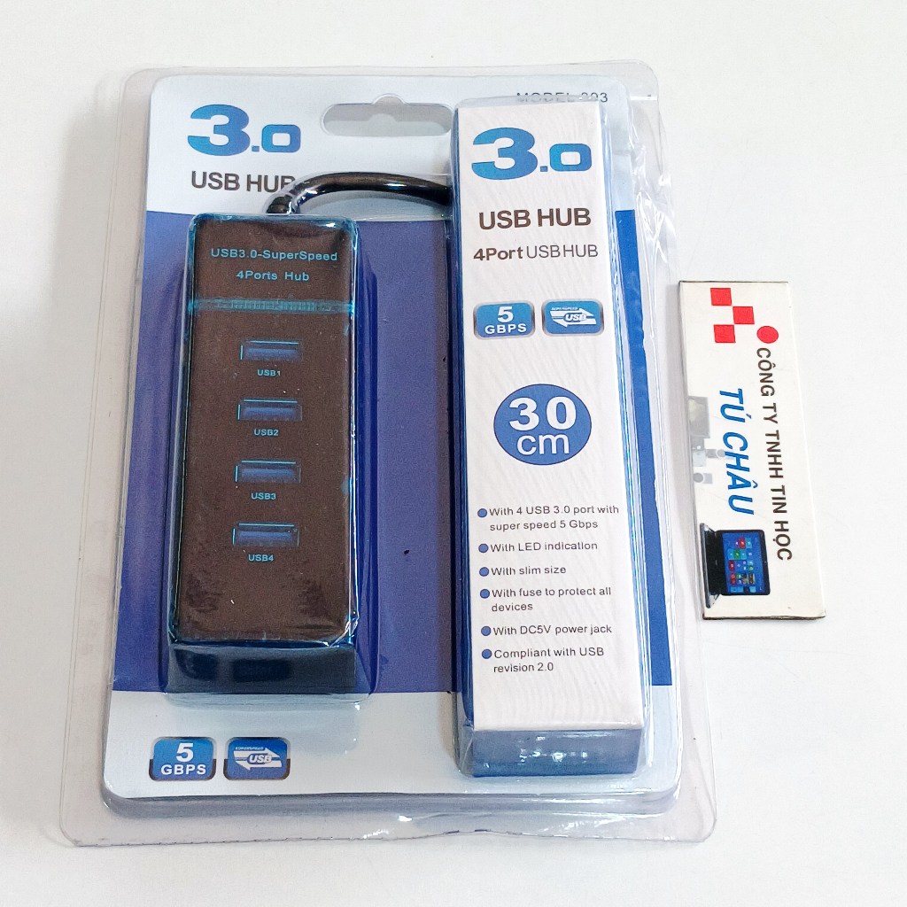 Hub USB 3.0: Chia 1 ra 4 USB 3.0 / Đèn Led báo kết nối, cáp dài 30Cm