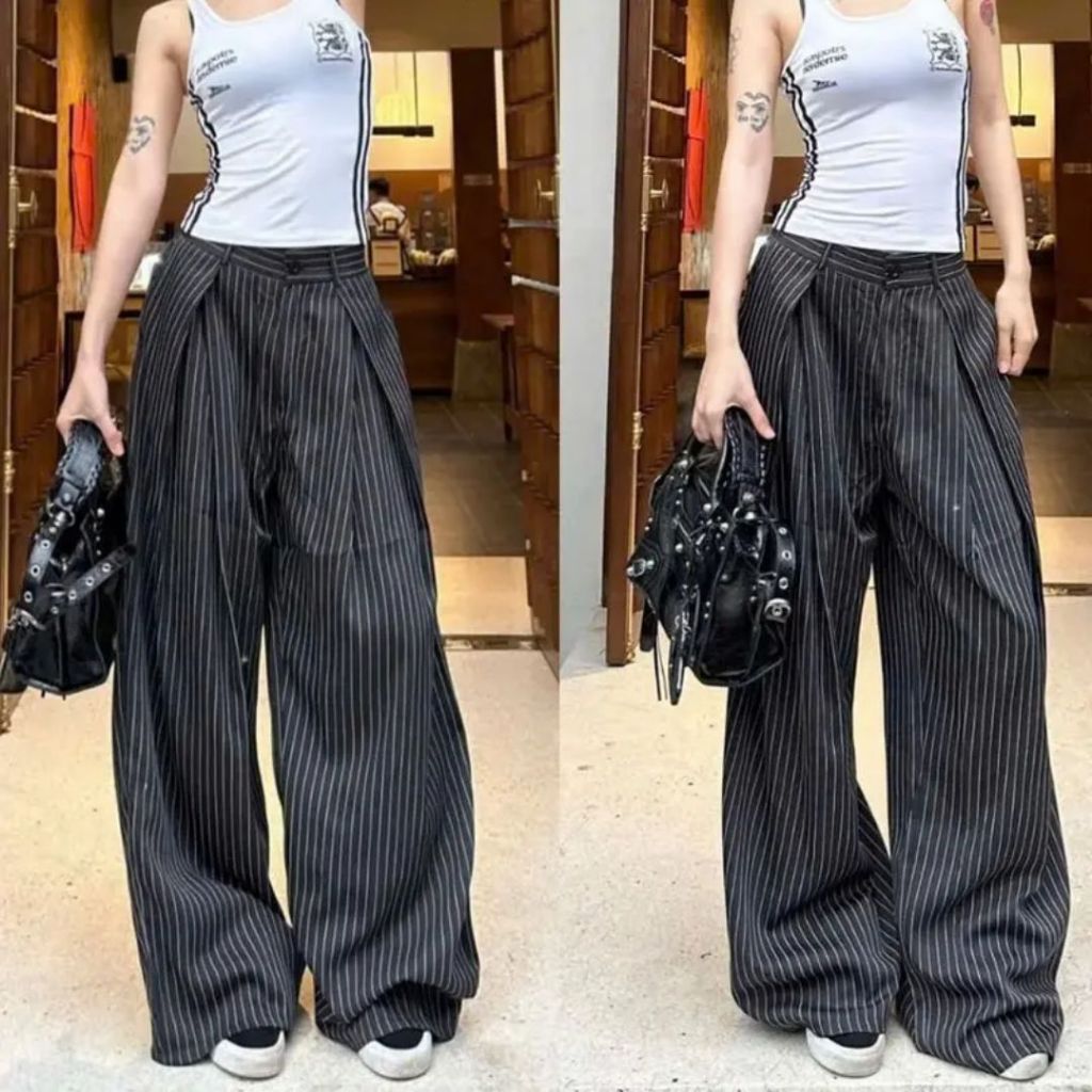 [ DEAL MỚI ] Quần kẻ đen sọc ly úp phong cách trẻ trung năng động Hàn Quốc quần ống rộng Modern Girl