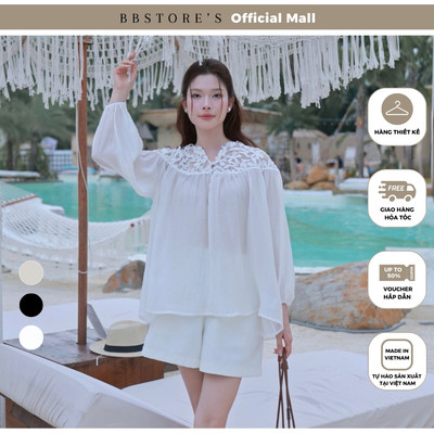 BBSTORE'S Áo Kiểu Dạo Phố Voan Phối Ren Hoa Cotton Form Rộng - A4500T