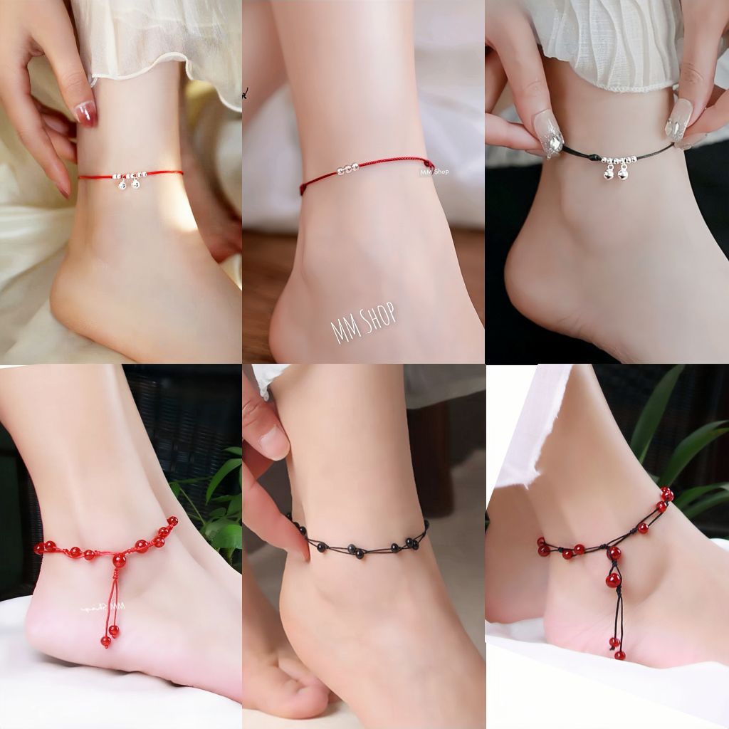 Lắc chân nữ hạt đá, vòng đeo chân gắn chuông bạc cá tính thời trang