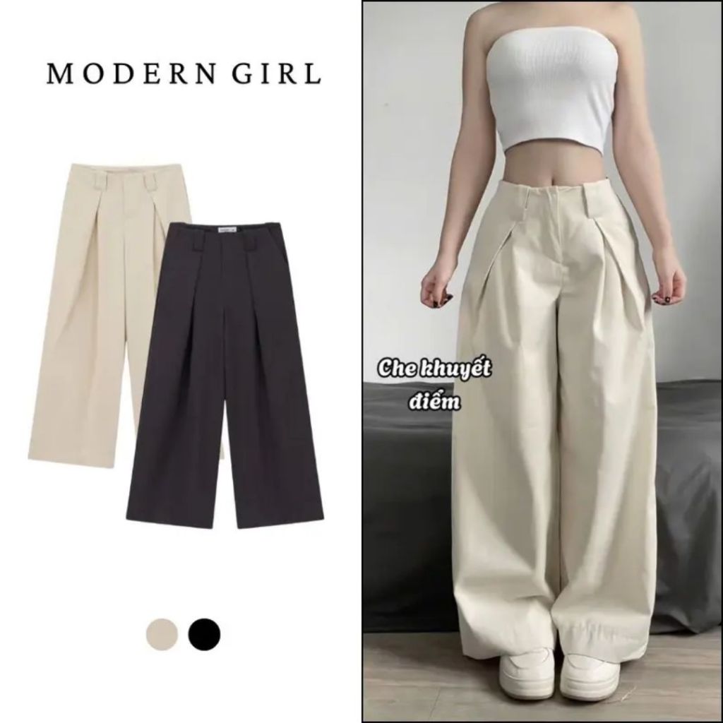 Quần Kaki Cạp Trễ Ống Rộng Basic 2 Màu Hack Dáng Phong Cách Hàn Quốc Modern Girl Hottrend 2025