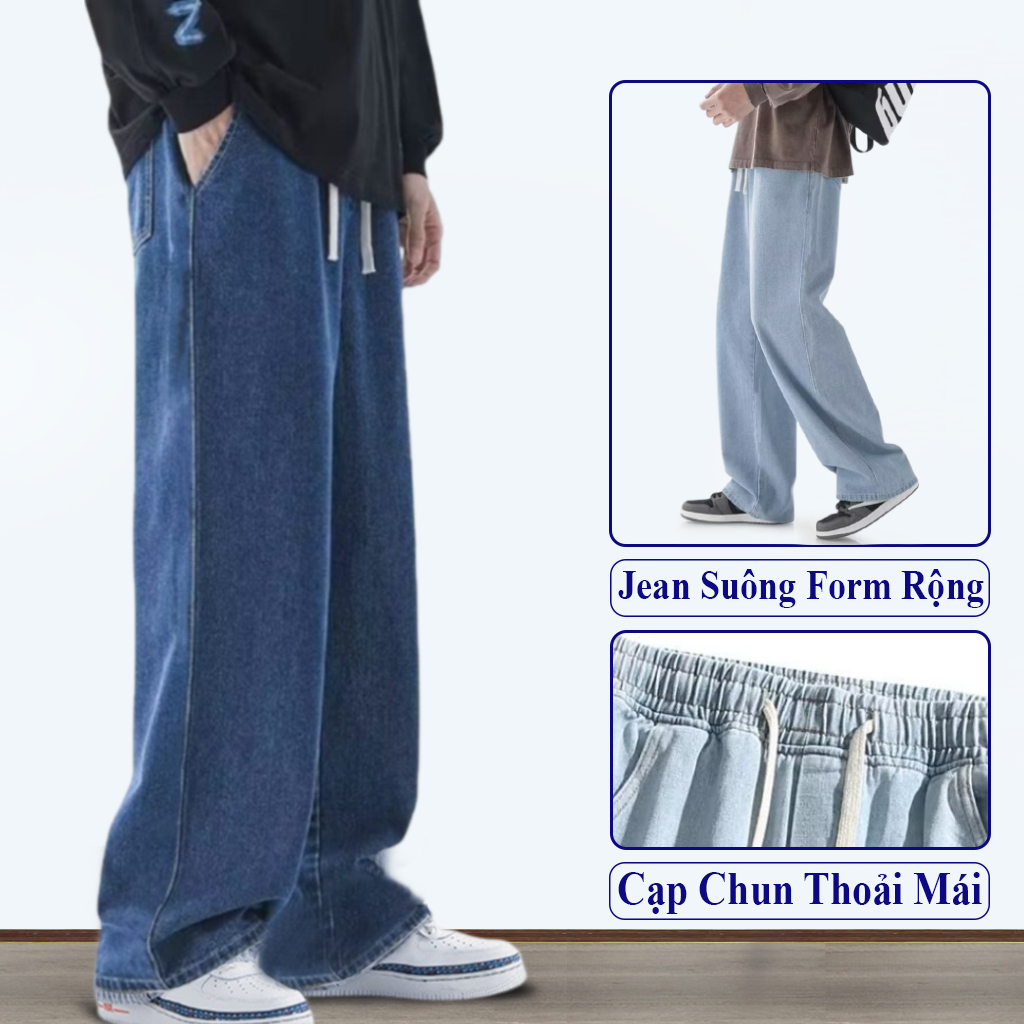 Quần Jean Unisex Nam Ống Suông Vải Mềm Rộng Cạp Chung Vicenzo, Quần Bò Nam Ống Rộng Thoải Mái Màu Xanh Đen.