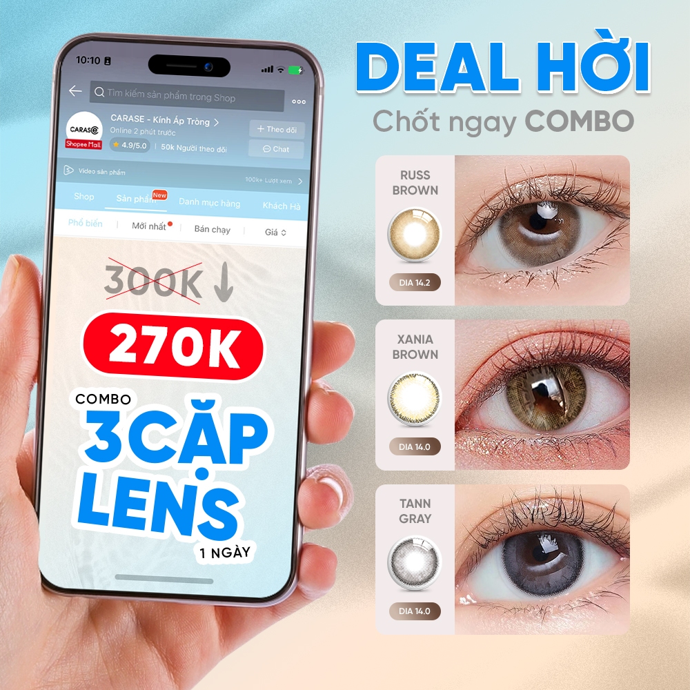 Combo 3 Cặp  Kính Áp Tròng 1 Ngày CARASE, Lens Cận Russ Brown/Xania Brown/Tann Gray - 3 cặp